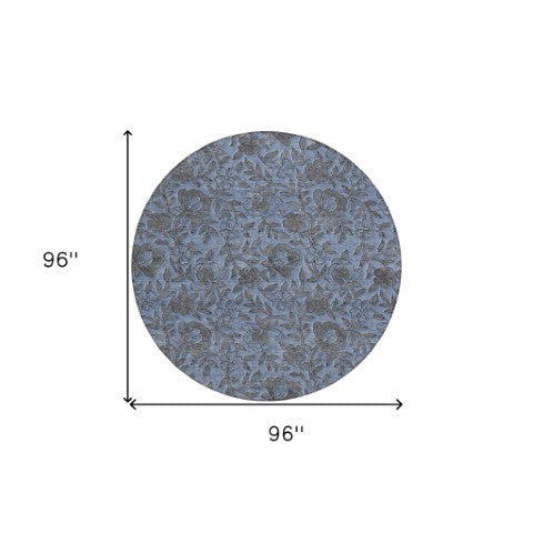 Homeroots 3' Elegant Blue Gray Charcoal Floral Washable Area Rug For Indoor Or Outdoor Spaces, Durable Design 8' Round Polyester 586254