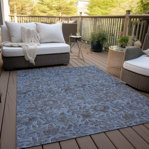 Homeroots 3' Elegant Blue Gray Charcoal Floral Washable Area Rug For Indoor Or Outdoor Spaces, Durable Design 8' X 10' Polyester 586255