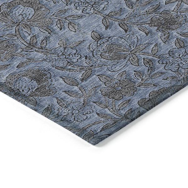 Homeroots 3' Elegant Blue Gray Charcoal Floral Washable Area Rug For Indoor Or Outdoor Spaces, Durable Design 8' X 10' Polyester 586255