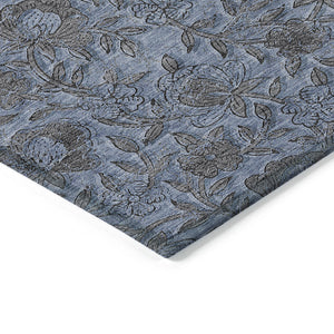 Homeroots 3' Elegant Blue Gray Charcoal Floral Washable Area Rug For Indoor Or Outdoor Spaces, Durable Design 9' X 12' Polyester 586256