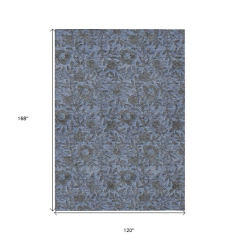 Homeroots 3' Elegant Blue Gray Charcoal Floral Washable Area Rug For Indoor Or Outdoor Spaces, Durable Design 10' X 14' Polyester 586257