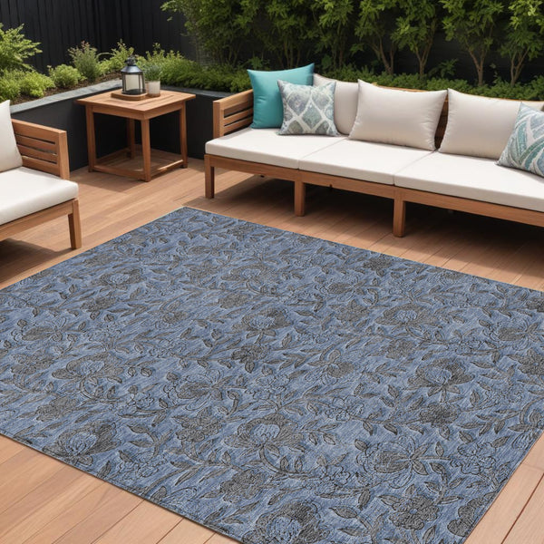 Homeroots 3' Elegant Blue Gray Charcoal Floral Washable Area Rug For Indoor Or Outdoor Spaces, Durable Design 10' X 14' Polyester 586257
