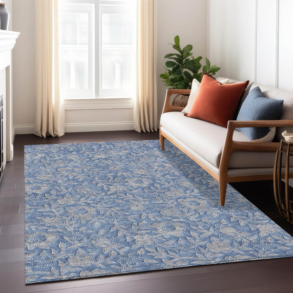 Homeroots 3' Elegant Blue Gray Charcoal Floral Washable Area Rug For Indoor Or Outdoor Spaces, Durable Design 3' X 5' Polyester 586258