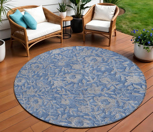 Homeroots 3' Elegant Blue Gray Charcoal Floral Washable Area Rug For Indoor Or Outdoor Spaces, Durable Design 8' Round Polyester 586260