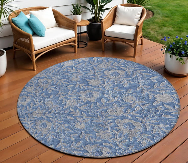 Homeroots 3' Elegant Blue Gray Charcoal Floral Washable Area Rug For Indoor Or Outdoor Spaces, Durable Design 8' Round Polyester 586260