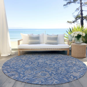 Homeroots 3' Elegant Blue Gray Charcoal Floral Washable Area Rug For Indoor Or Outdoor Spaces, Durable Design 8' Round Polyester 586260