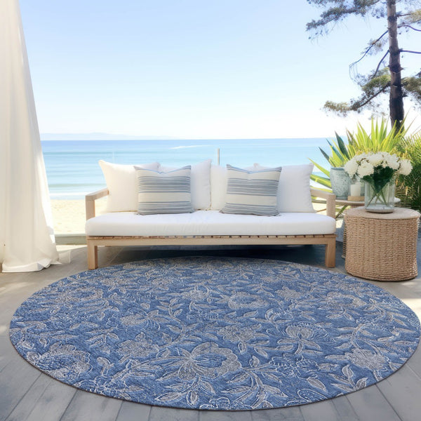 Homeroots 3' Elegant Blue Gray Charcoal Floral Washable Area Rug For Indoor Or Outdoor Spaces, Durable Design 8' Round Polyester 586260