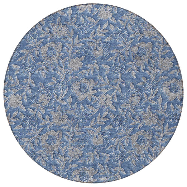 Homeroots 3' Elegant Blue Gray Charcoal Floral Washable Area Rug For Indoor Or Outdoor Spaces, Durable Design 8' Round Polyester 586260