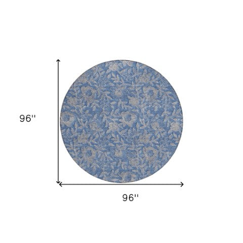 Homeroots 3' Elegant Blue Gray Charcoal Floral Washable Area Rug For Indoor Or Outdoor Spaces, Durable Design 8' Round Polyester 586260