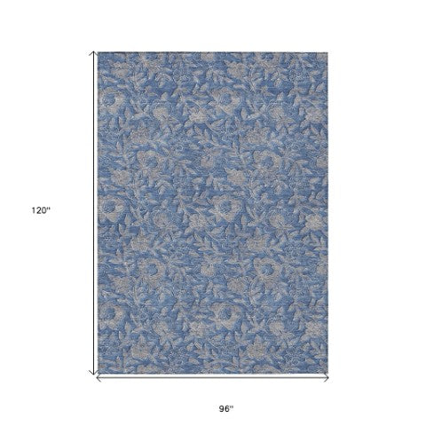Homeroots 3' Elegant Blue Gray Charcoal Floral Washable Area Rug For Indoor Or Outdoor Spaces, Durable Design 8' X 10' Polyester 586261