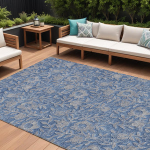 Homeroots 3' Elegant Blue Gray Charcoal Floral Washable Area Rug For Indoor Or Outdoor Spaces, Durable Design 9' X 12' Polyester 586262