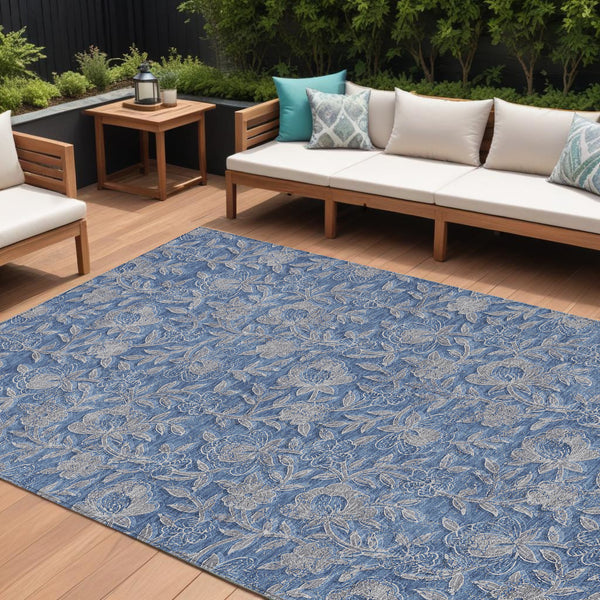 Homeroots 3' Elegant Blue Gray Charcoal Floral Washable Area Rug For Indoor Or Outdoor Spaces, Durable Design 9' X 12' Polyester 586262