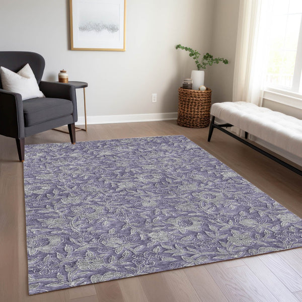 Homeroots 3' Elegant Blue Gray Charcoal Floral Washable Area Rug For Indoor Or Outdoor Spaces, Durable Design 3' X 5' Polyester 586264