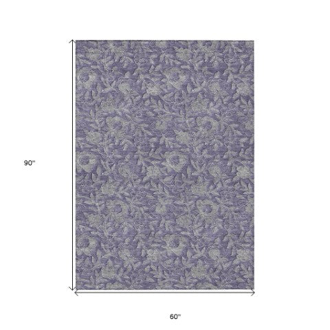 Homeroots 3' Elegant Blue Gray Charcoal Floral Washable Area Rug For Indoor Or Outdoor Spaces, Durable Design 5' X 8' Polyester 586265