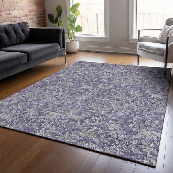 Homeroots 3' Elegant Blue Gray Charcoal Floral Washable Area Rug For Indoor Or Outdoor Spaces, Durable Design 5' X 8' Polyester 586265