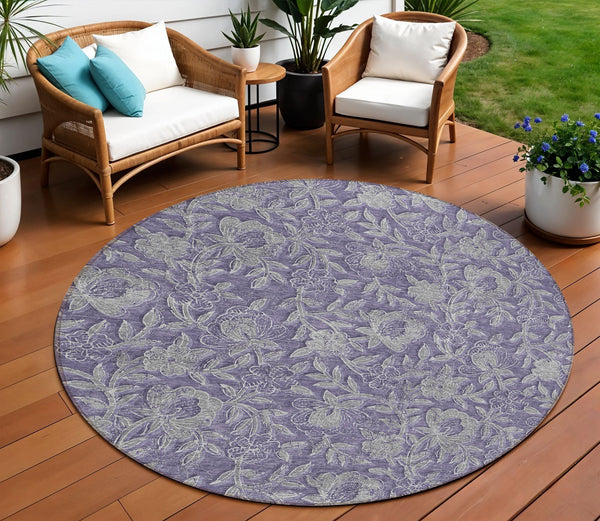 Homeroots 3' Elegant Blue Gray Charcoal Floral Washable Area Rug For Indoor Or Outdoor Spaces, Durable Design 8' Round Polyester 586266