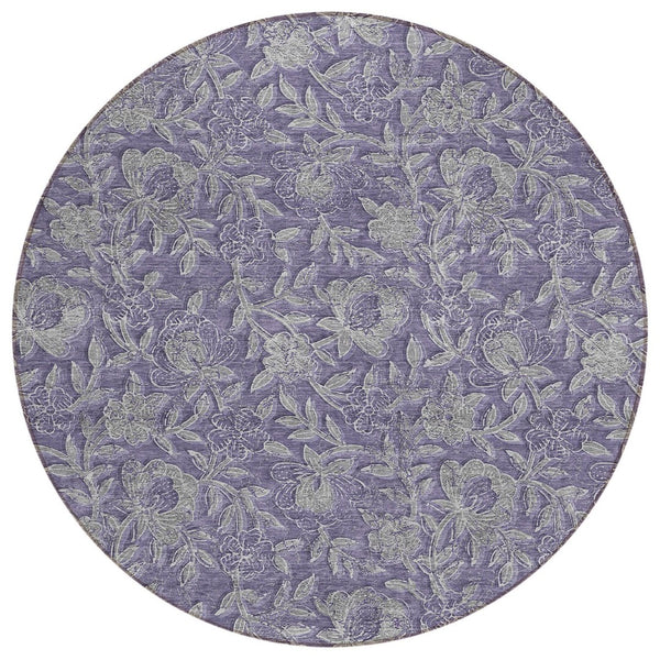 HomeRoots 5' Eggplant Purple and Gray Floral Area Rug - Durable, Stain-Resistant, Machine Washable Design 8' Round 586266