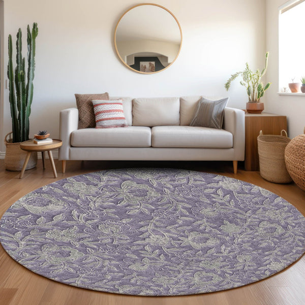 Homeroots 3' Elegant Blue Gray Charcoal Floral Washable Area Rug For Indoor Or Outdoor Spaces, Durable Design 8' Round Polyester 586266