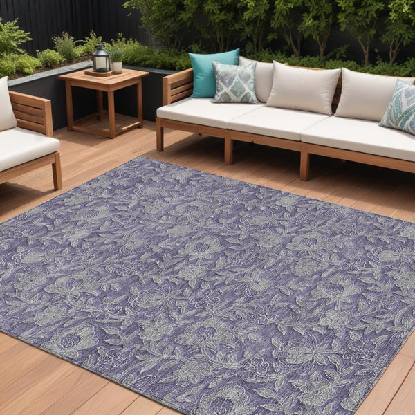 Homeroots 3' Elegant Blue Gray Charcoal Floral Washable Area Rug For Indoor Or Outdoor Spaces, Durable Design 8' X 10' Polyester 586267