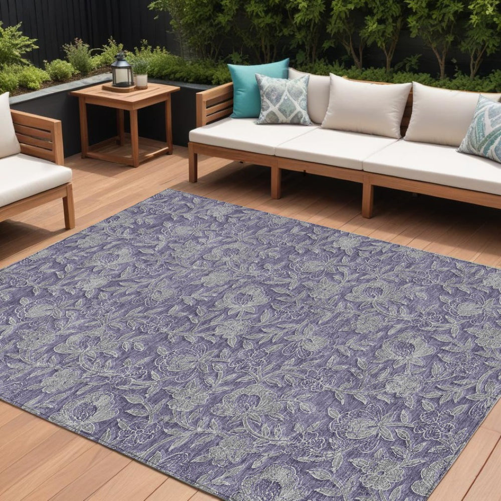 HomeRoots 5' Eggplant Purple and Gray Floral Area Rug - Durable, Stain-Resistant, Machine Washable Design 10' X 14' 586269