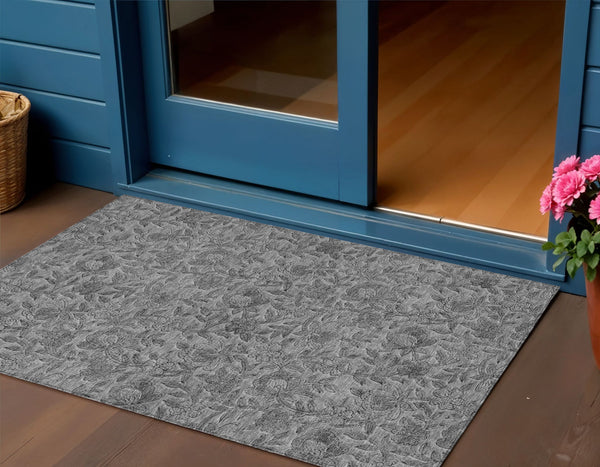 Homeroots 3' Elegant Blue Gray Charcoal Floral Washable Area Rug For Indoor Or Outdoor Spaces, Durable Design 3' X 5' Polyester 586270