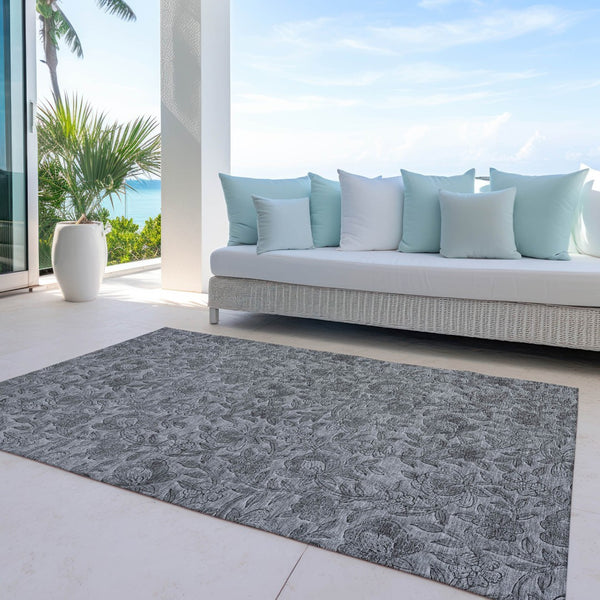 Homeroots 3' Elegant Blue Gray Charcoal Floral Washable Area Rug For Indoor Or Outdoor Spaces, Durable Design 3' X 5' Polyester 586270