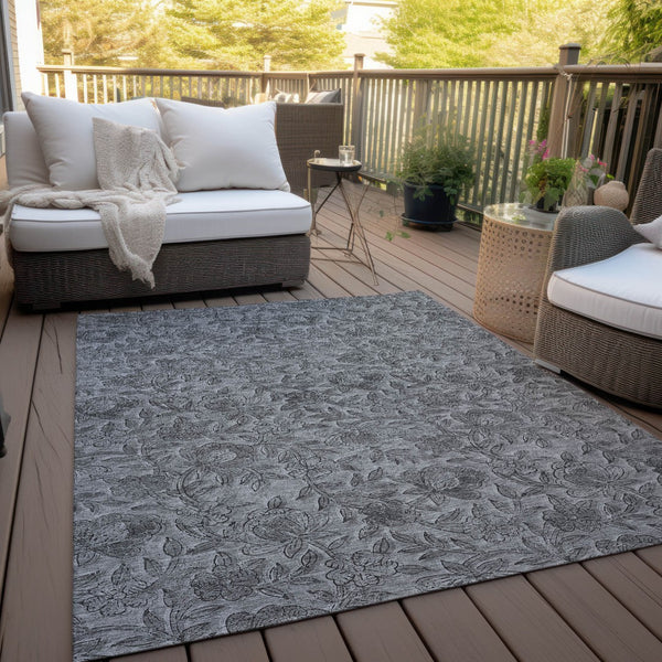 Homeroots 3' Elegant Blue Gray Charcoal Floral Washable Area Rug For Indoor Or Outdoor Spaces, Durable Design 3' X 5' Polyester 586270
