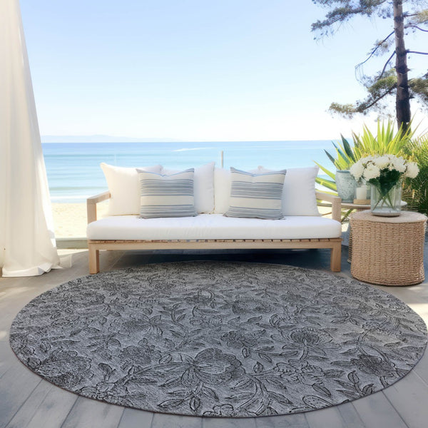 Homeroots 3' Elegant Blue Gray Charcoal Floral Washable Area Rug For Indoor Or Outdoor Spaces, Durable Design 8' Round Polyester 586272