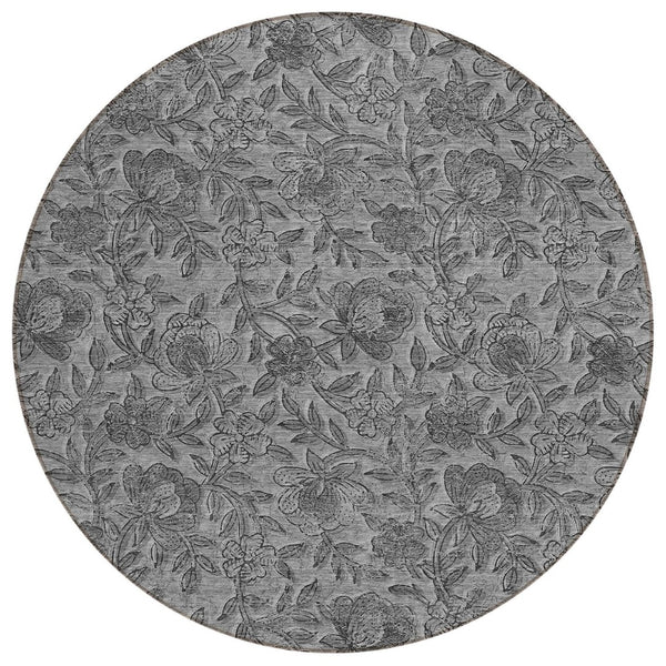 HomeRoots 5' Elegant Gray Charcoal and Silver Floral Area Rug for Indoor and Outdoor Use – Washable & Durable 8' Round 586272