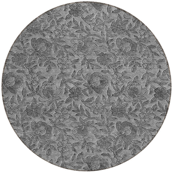 Homeroots 3' Elegant Blue Gray Charcoal Floral Washable Area Rug For Indoor Or Outdoor Spaces, Durable Design 8' Round Polyester 586272