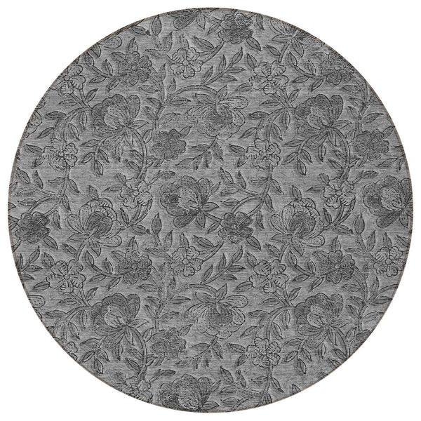 Homeroots 3' Elegant Blue Gray Charcoal Floral Washable Area Rug For Indoor Or Outdoor Spaces, Durable Design 8' Round Polyester 586272
