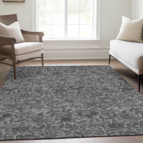 Homeroots 3' Elegant Blue Gray Charcoal Floral Washable Area Rug For Indoor Or Outdoor Spaces, Durable Design 8' X 10' Polyester 586273