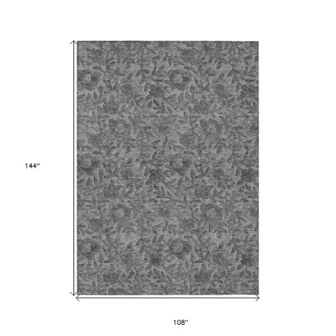Homeroots 3' Elegant Blue Gray Charcoal Floral Washable Area Rug For Indoor Or Outdoor Spaces, Durable Design 9' X 12' Polyester 586274