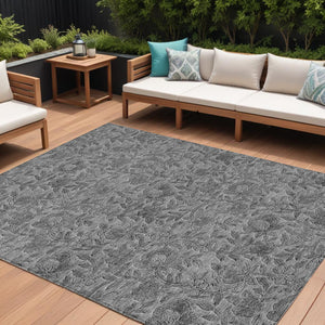 Homeroots 3' Elegant Blue Gray Charcoal Floral Washable Area Rug For Indoor Or Outdoor Spaces, Durable Design 9' X 12' Polyester 586274