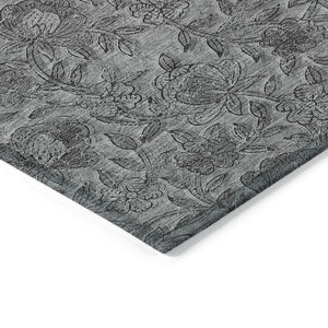 Homeroots 3' Elegant Blue Gray Charcoal Floral Washable Area Rug For Indoor Or Outdoor Spaces, Durable Design 9' X 12' Polyester 586274