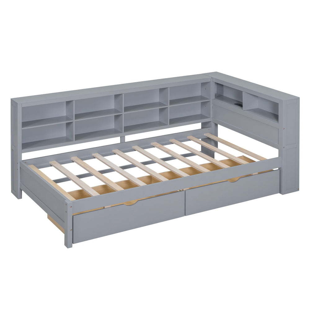 English Elm Wooden Twin Daybed with 2 Drawers, Built-In USB Charging & Double Shelf Storage, Pine Frame Durable Grey 42.91 L x 16.73 W x 6.69 H N733S170510E
