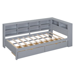 English Elm Wooden Twin Daybed with Storage Drawers Usb Charging Shelf and Pine Frame Grey N733S347768E