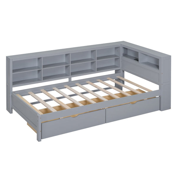English Elm Wooden Twin Daybed with Storage Drawers Usb Charging Shelf and Pine Frame Grey N733S347768E