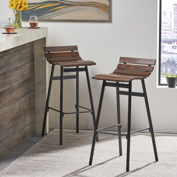 English Elm Christopher Knight Home® - NORDIC Camron 35" Wooden Barstool Set of 2 - 29.25" Seat Height, Acacia Wood & Iron, Dark Brown/Black Finish 65564.00DBRN