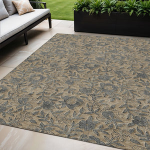 Homeroots 3' Elegant Blue Gray Charcoal Floral Washable Area Rug For Indoor Or Outdoor Spaces, Durable Design 5' X 8' Polyester 586277