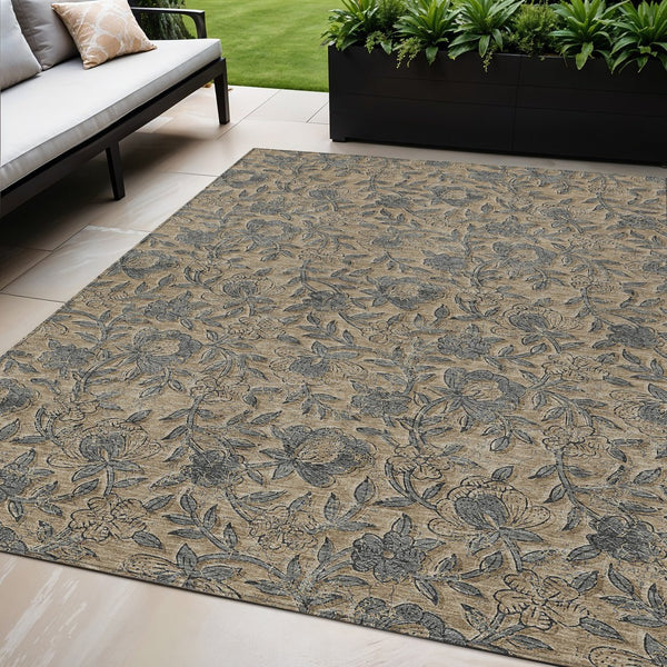 Homeroots 3' Elegant Blue Gray Charcoal Floral Washable Area Rug For Indoor Or Outdoor Spaces, Durable Design 5' X 8' Polyester 586277
