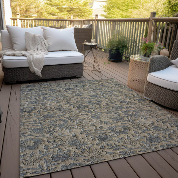 Homeroots 3' Elegant Blue Gray Charcoal Floral Washable Area Rug For Indoor Or Outdoor Spaces, Durable Design 5' X 8' Polyester 586277