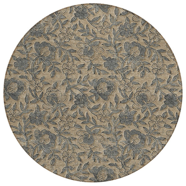 HomeRoots 5' Floral Washable Area Rug in Khaki Beige and Gray – Durable, Stylish, Perfect for Indoor & Outdoor Spaces 8' Round 586278
