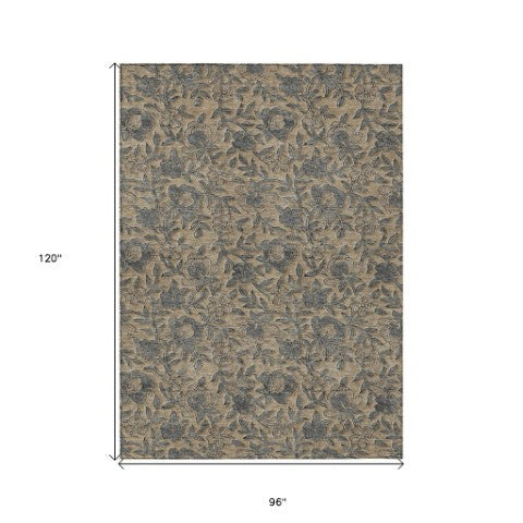 Homeroots 3' Elegant Blue Gray Charcoal Floral Washable Area Rug For Indoor Or Outdoor Spaces, Durable Design 8' X 10' Polyester 586279