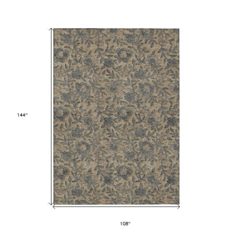Homeroots 3' Elegant Blue Gray Charcoal Floral Washable Area Rug For Indoor Or Outdoor Spaces, Durable Design 9' X 12' Polyester 586280