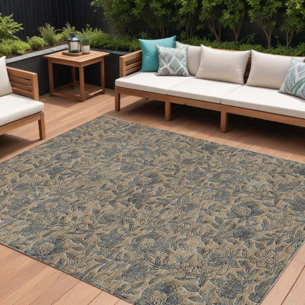 HomeRoots 9' Durable Khaki Beige and Gray Floral Area Rug for Indoor and Outdoor Spaces - Stylish & Washable 9' X 12' 586280
