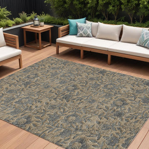 Homeroots 3' Elegant Blue Gray Charcoal Floral Washable Area Rug For Indoor Or Outdoor Spaces, Durable Design 9' X 12' Polyester 586280