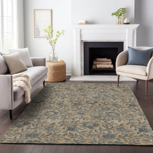 Homeroots 3' Elegant Blue Gray Charcoal Floral Washable Area Rug For Indoor Or Outdoor Spaces, Durable Design 9' X 12' Polyester 586280