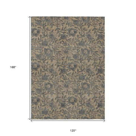 Homeroots 3' Elegant Blue Gray Charcoal Floral Washable Area Rug For Indoor Or Outdoor Spaces, Durable Design 10' X 14' Polyester 586281