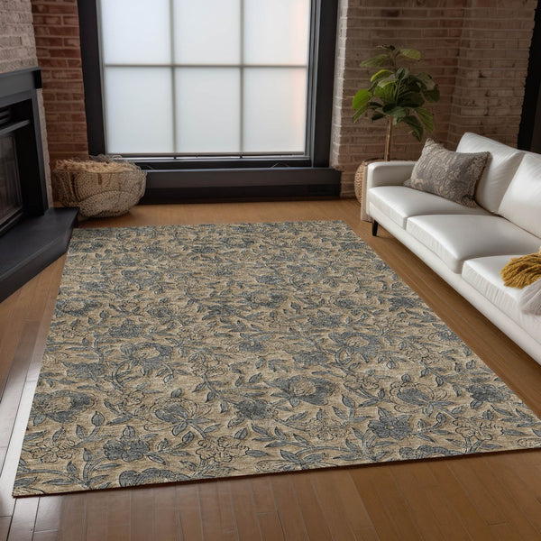 Homeroots 3' Elegant Blue Gray Charcoal Floral Washable Area Rug For Indoor Or Outdoor Spaces, Durable Design 10' X 14' Polyester 586281